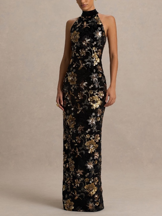 Club L London Dresses & Skirts - TATE Black Velvet Halter-Neck Maxi Dress With Bronze Floral Sequin Embellishment